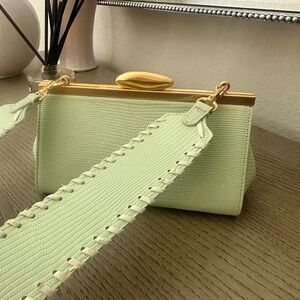 Green and Gold Structured Shoulder Bag with Whipstitch Detail